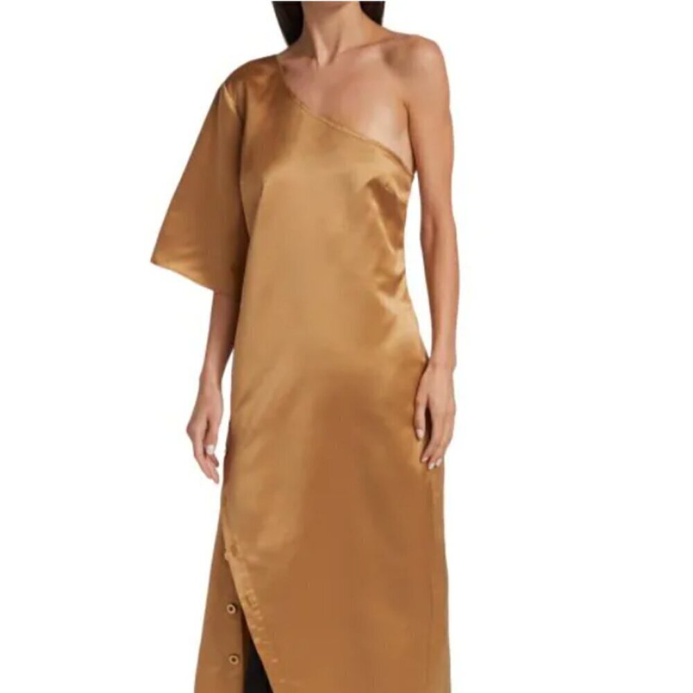 New KIMBERLY GOLDSON (Women's Small) Willow Satin Longline Blouse Wheat Gold